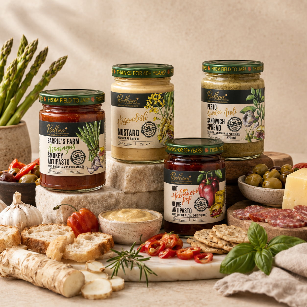 Ontario-made Rootham antipasto, pesto garlic aioli, mustard and savoury spreads with crackers, olives, peppers and fresh ingredients.