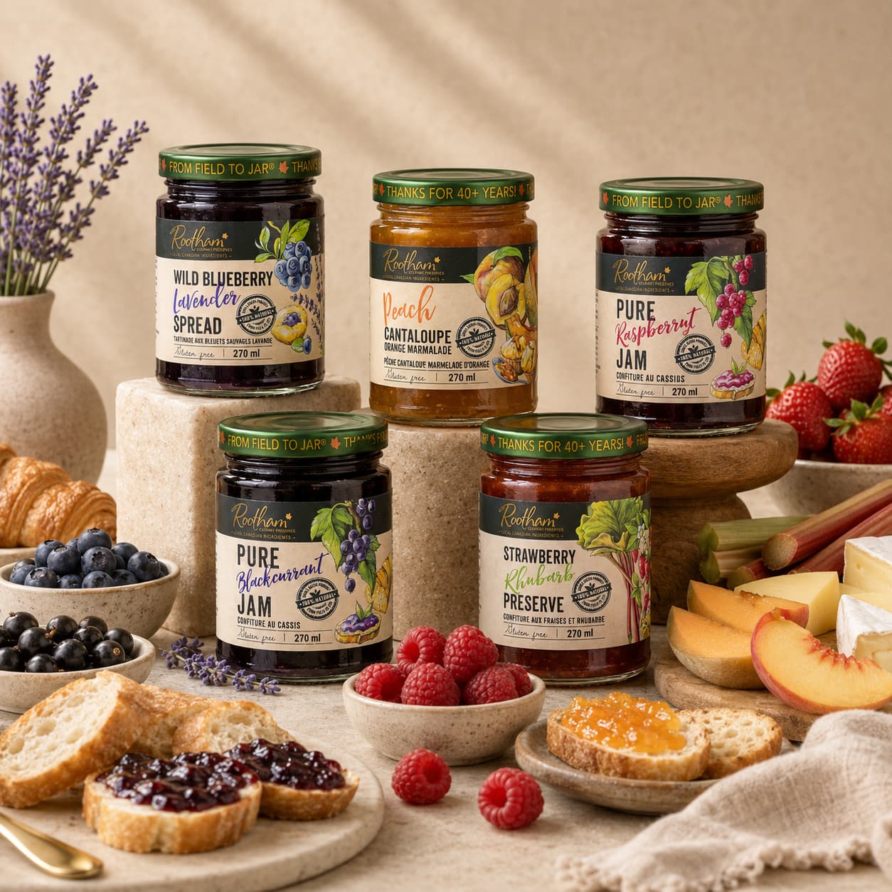 Ontario-made Rootham jams, preserves, marmalades and fruit spreads styled with fresh berries, peaches, rhubarb, bread and pastries.