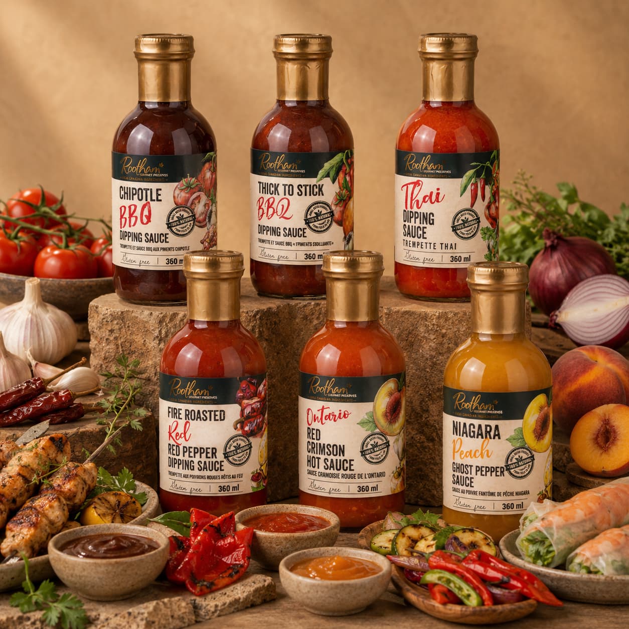 Ontario-made Rootham marinades and dipping sauces styled with fresh ingredients, grilled foods, spring rolls and dipping bowls.