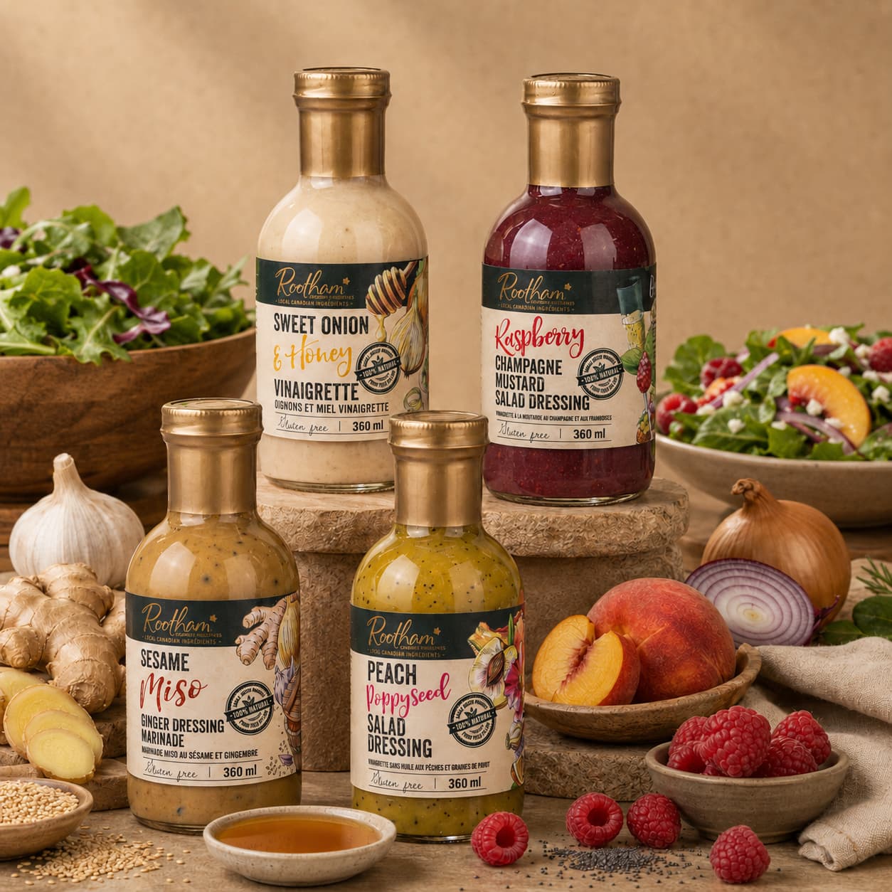 Ontario-made Rootham salad dressings and vinaigrettes styled with leafy greens, peaches, raspberries, onions, ginger and fresh salad ingredients.