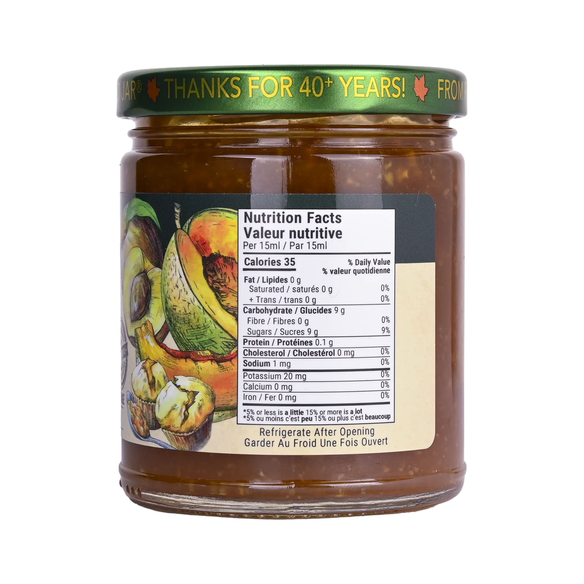 Nutrition facts label for Rootham Peach Cantaloupe Orange Marmalade 270 ml