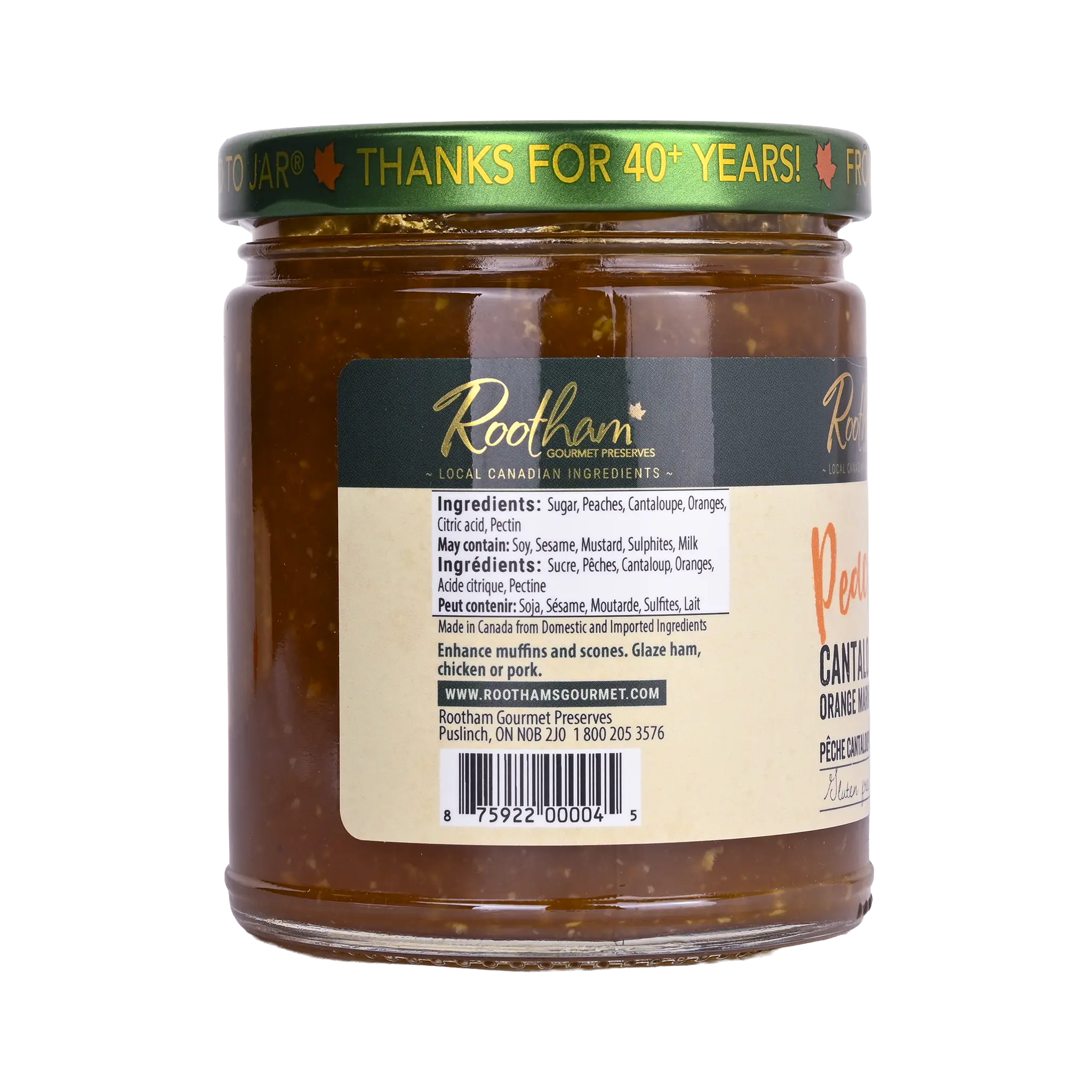 Ingredients label for Rootham Peach Cantaloupe Orange Marmalade 270 ml