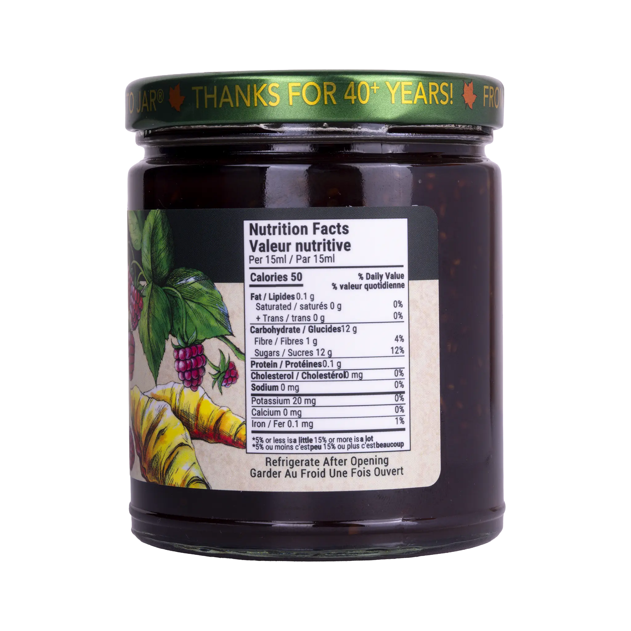 Nutrition facts label for Rootham Pure Raspberry Jam 270 ml