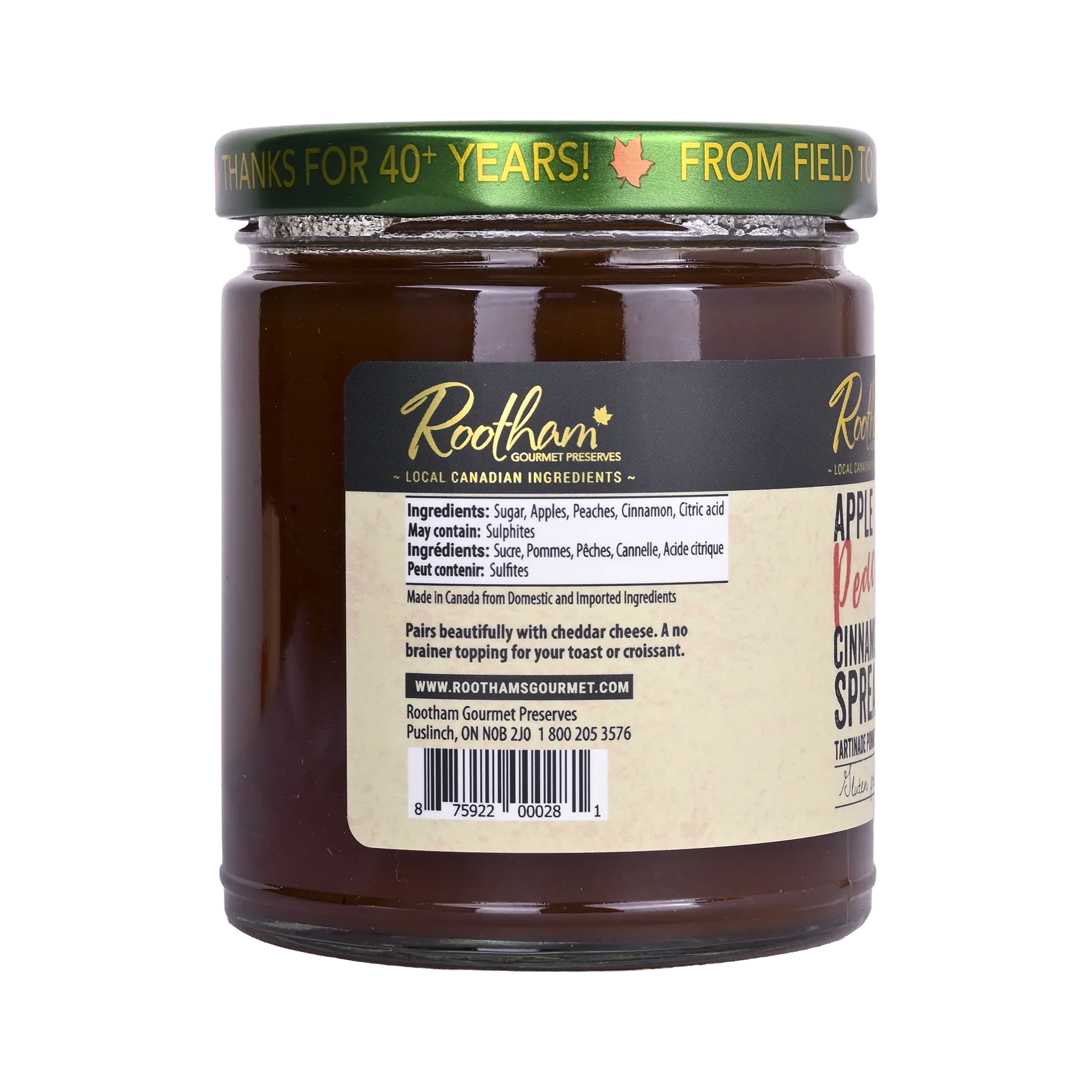 Ingredients label for Rootham Apple Peach Cinnamon Spread 270 ml