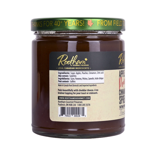 Ingredients label for Rootham Apple Peach Cinnamon Spread 270 ml