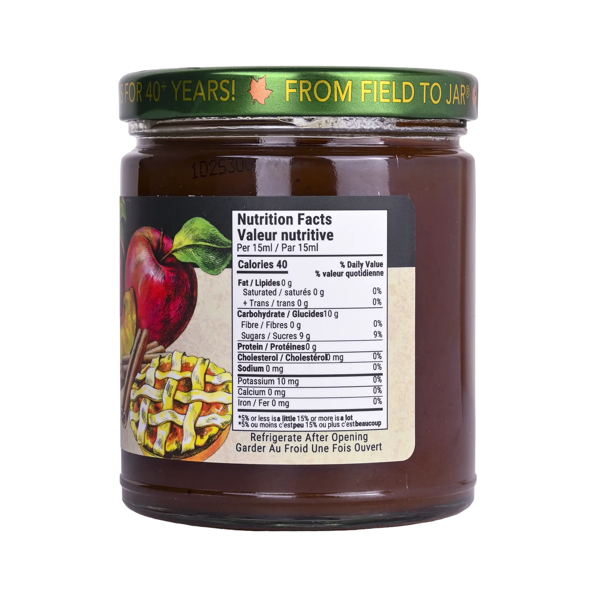 Nutrition facts label for Rootham Apple Peach Cinnamon Spread 270 ml