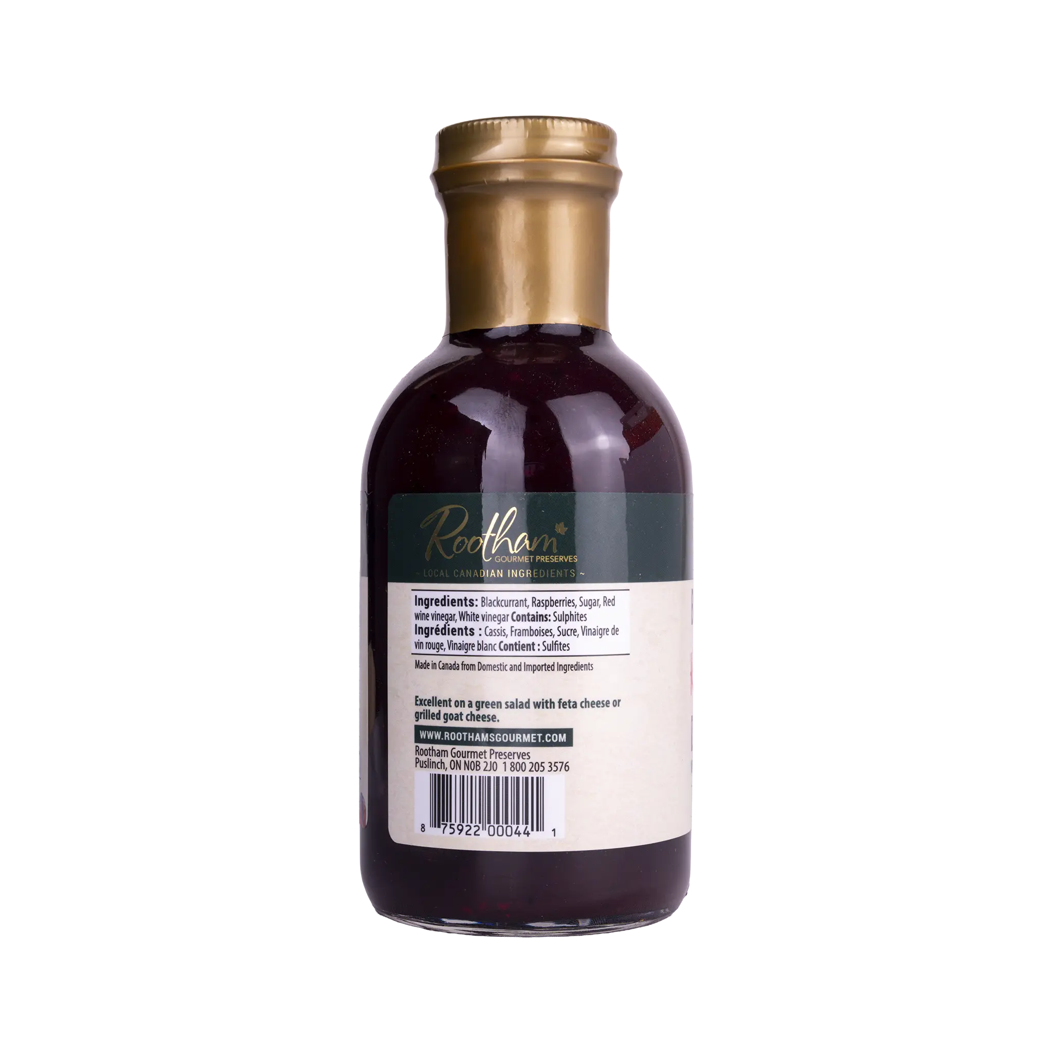 Ingredients label for Rootham Blackcurrant Raspberry Dressing 360 ml