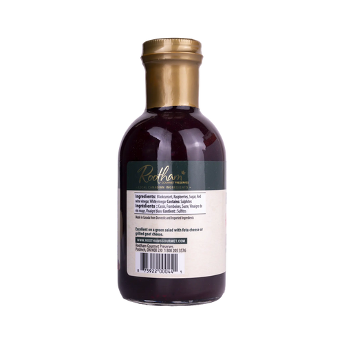 Ingredients label for Rootham Blackcurrant Raspberry Dressing 360 ml