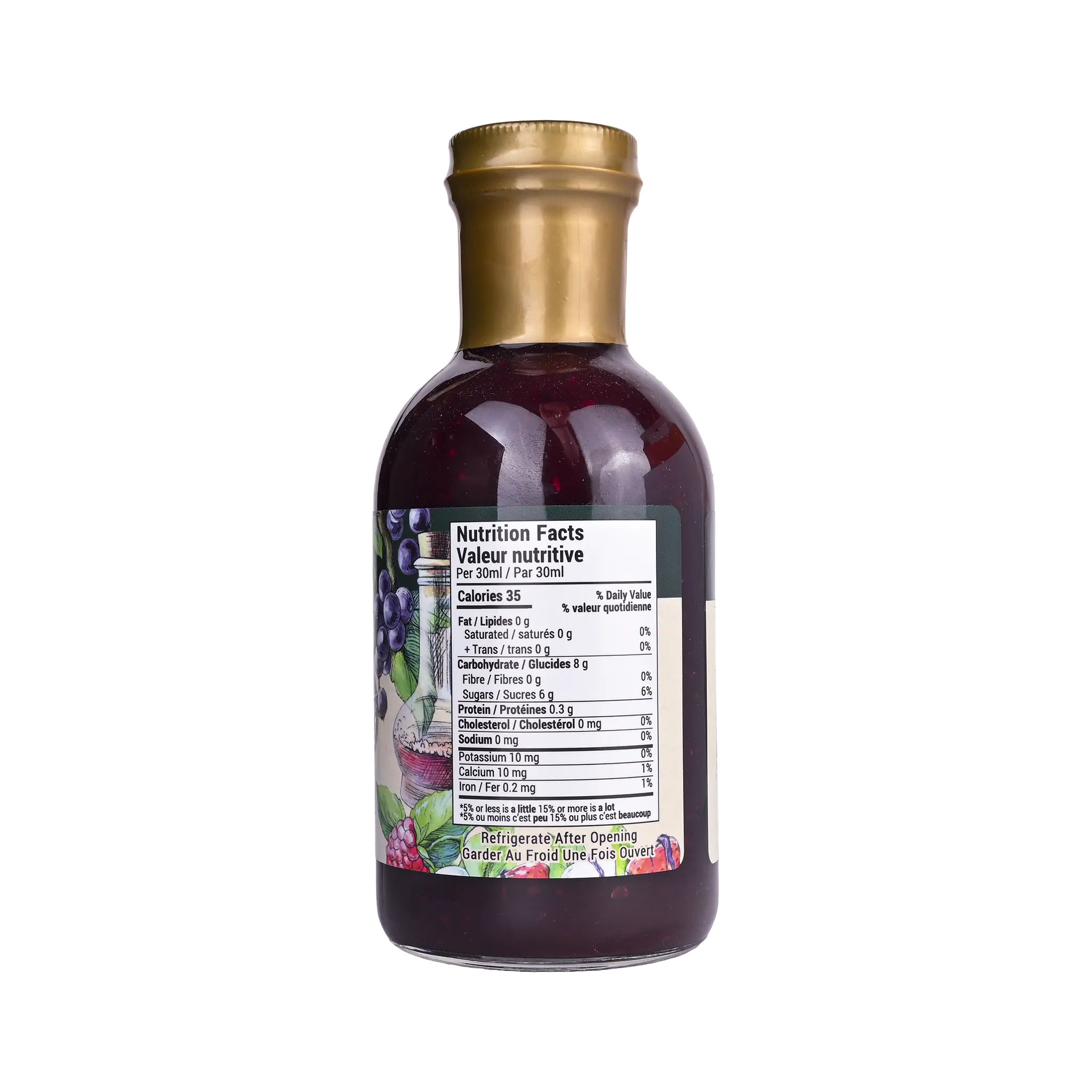 Nutrition facts label for Rootham Blackcurrant Raspberry Dressing 360 ml
