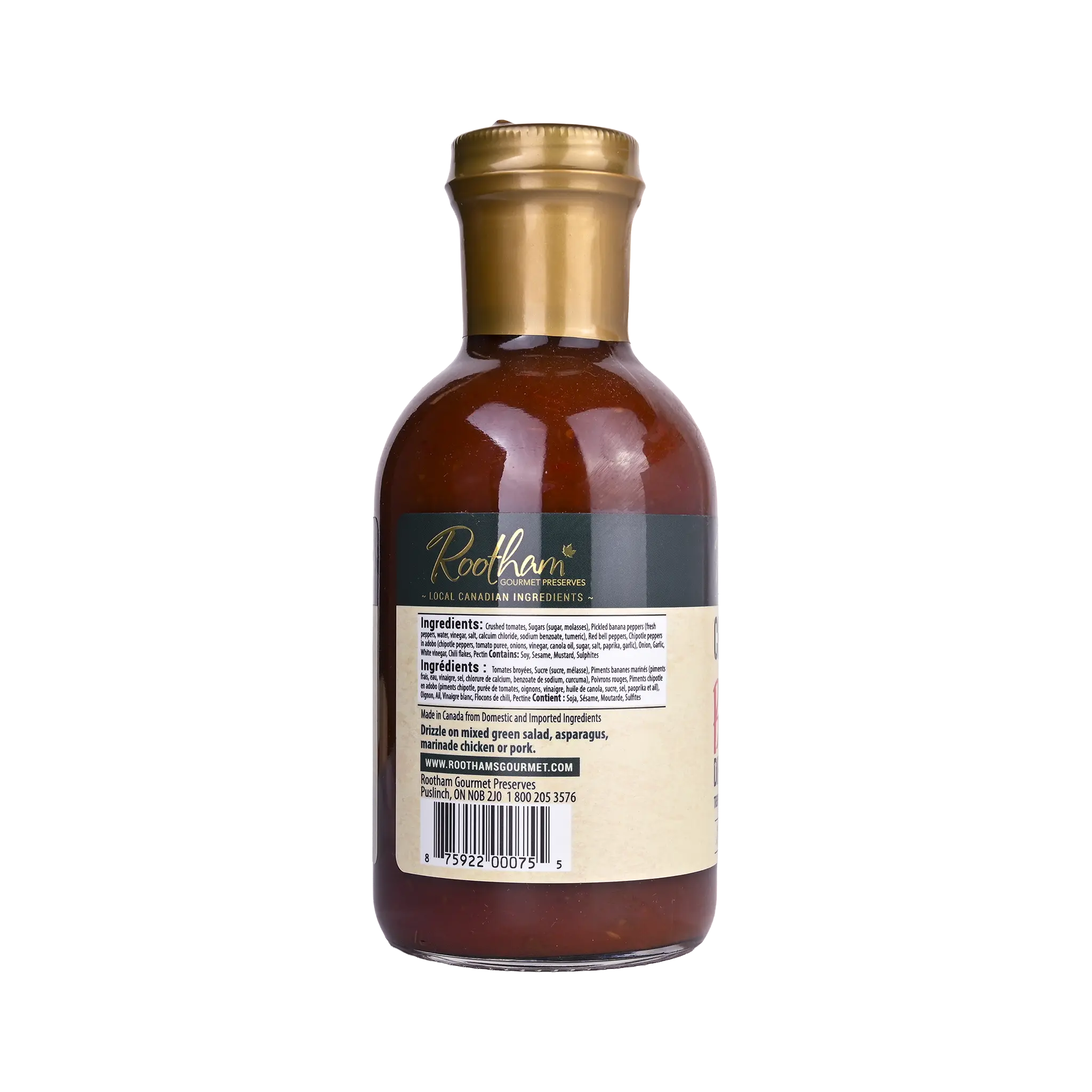 Ingredients label for Rootham Chipotle BBQ Dipping Sauce 360 ml