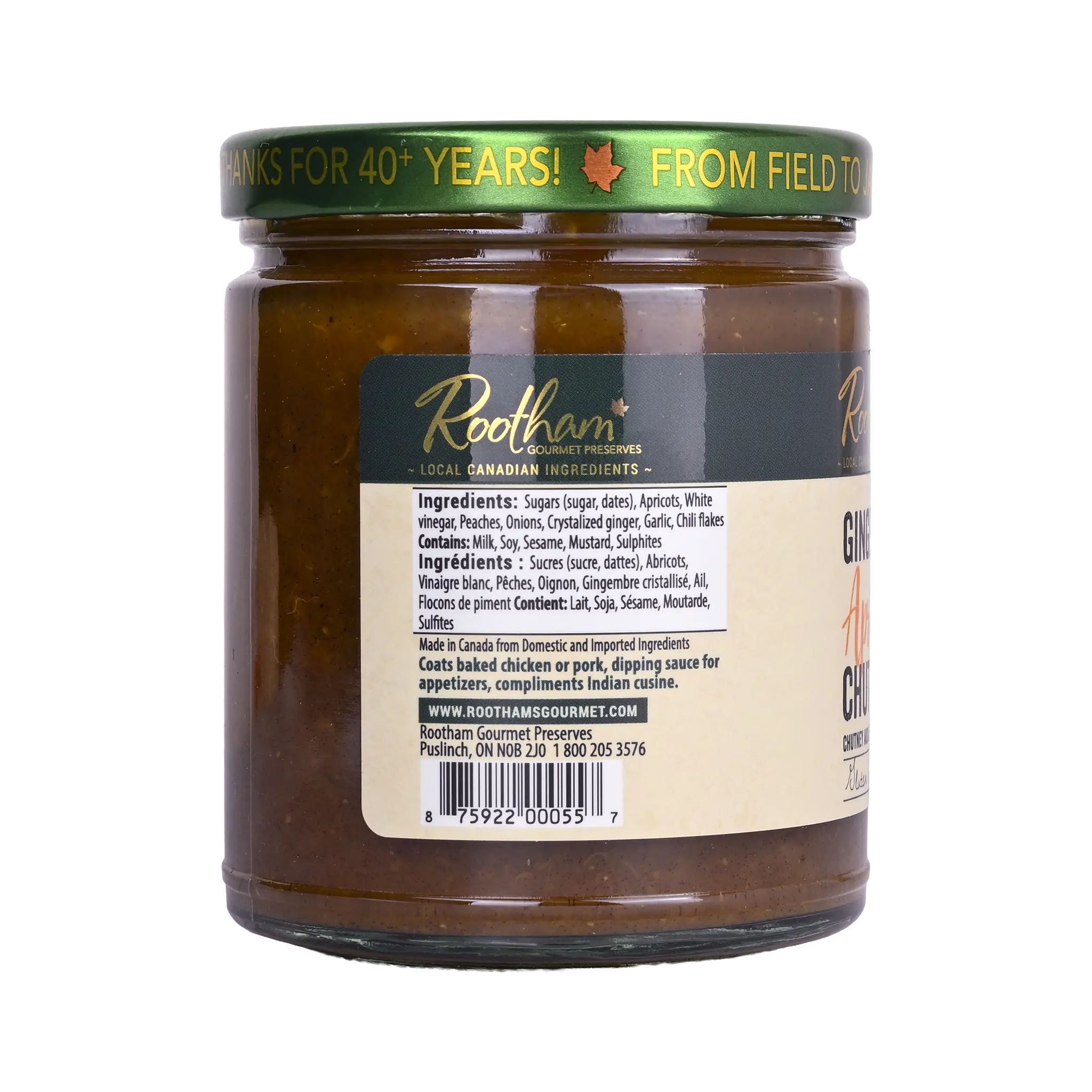 Ingredients label for Rootham Ginger Date Apricot Chutney 270 ml
