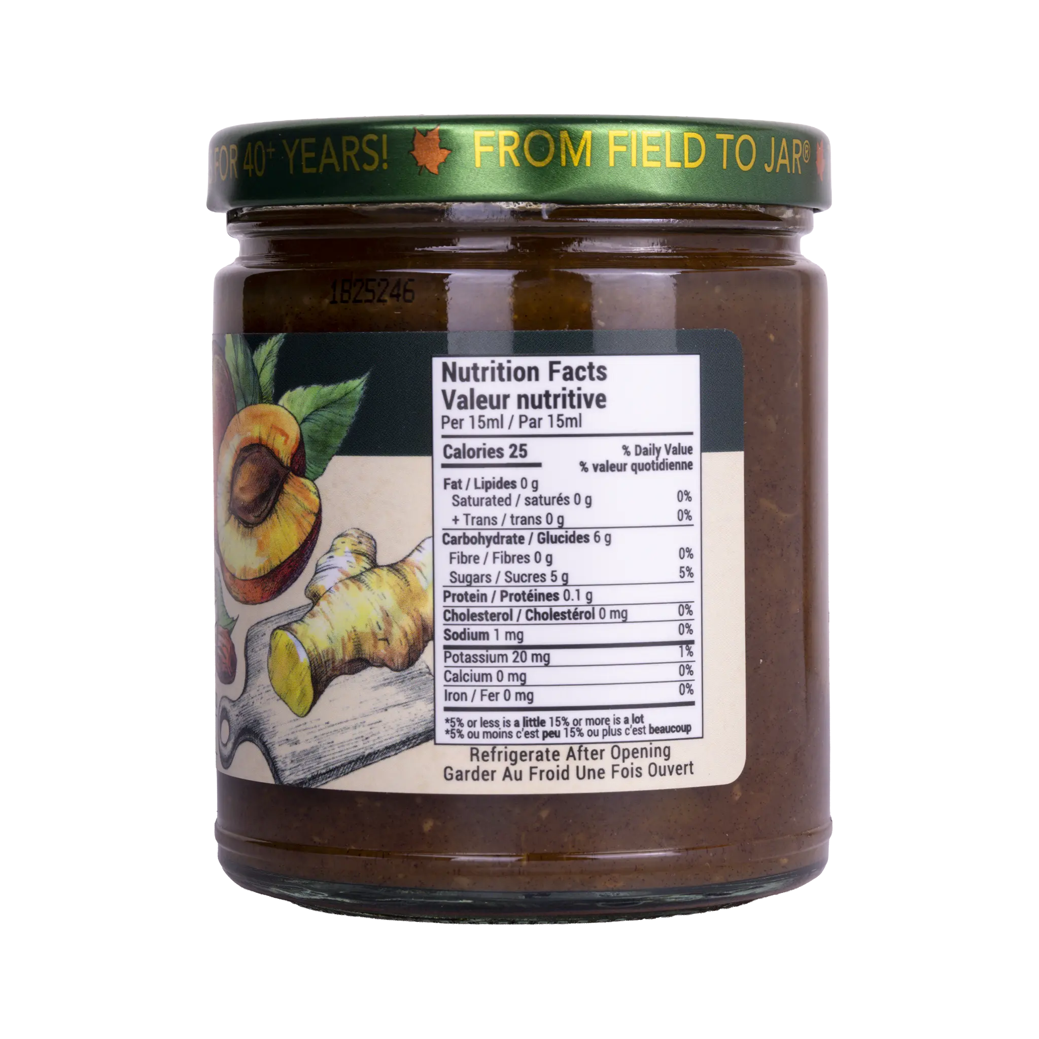 Nutrition facts label for Rootham Ginger Date Apricot Chutney 270 ml