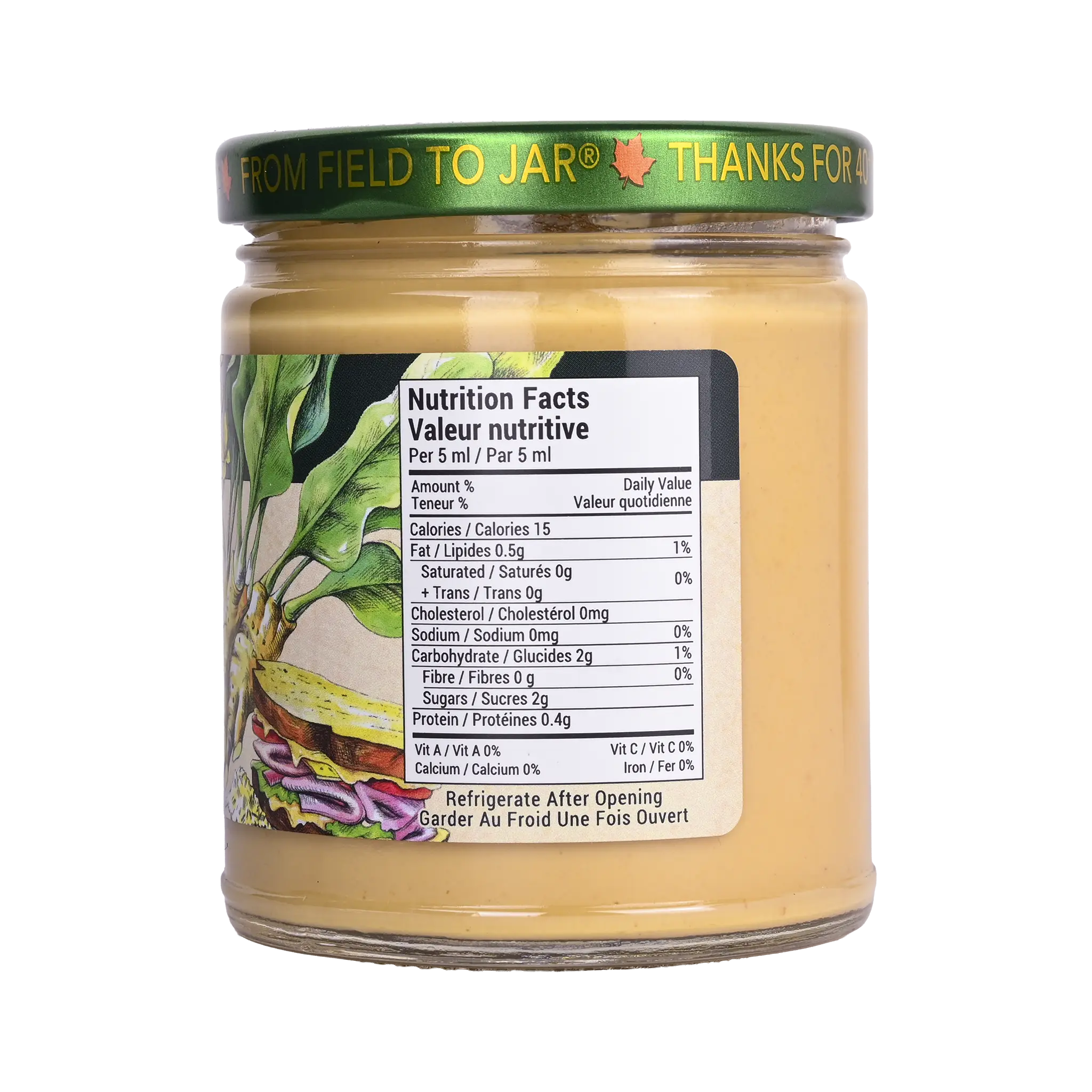 Nutrition facts label for Rootham Horseradish Mustard 250 ml
