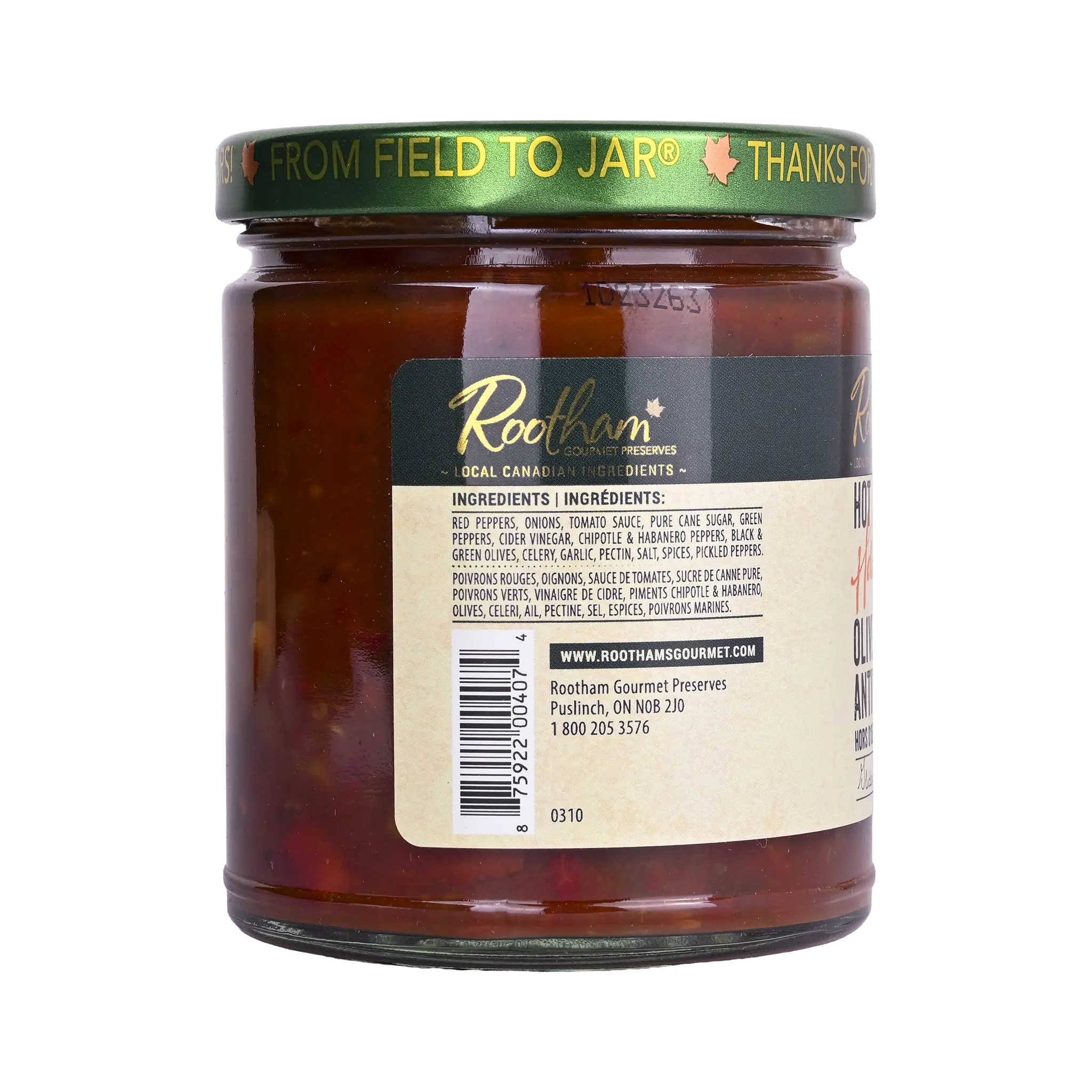 Ingredients label for Rootham Hot Habanero Olive Pepper Antipasto 250 ml