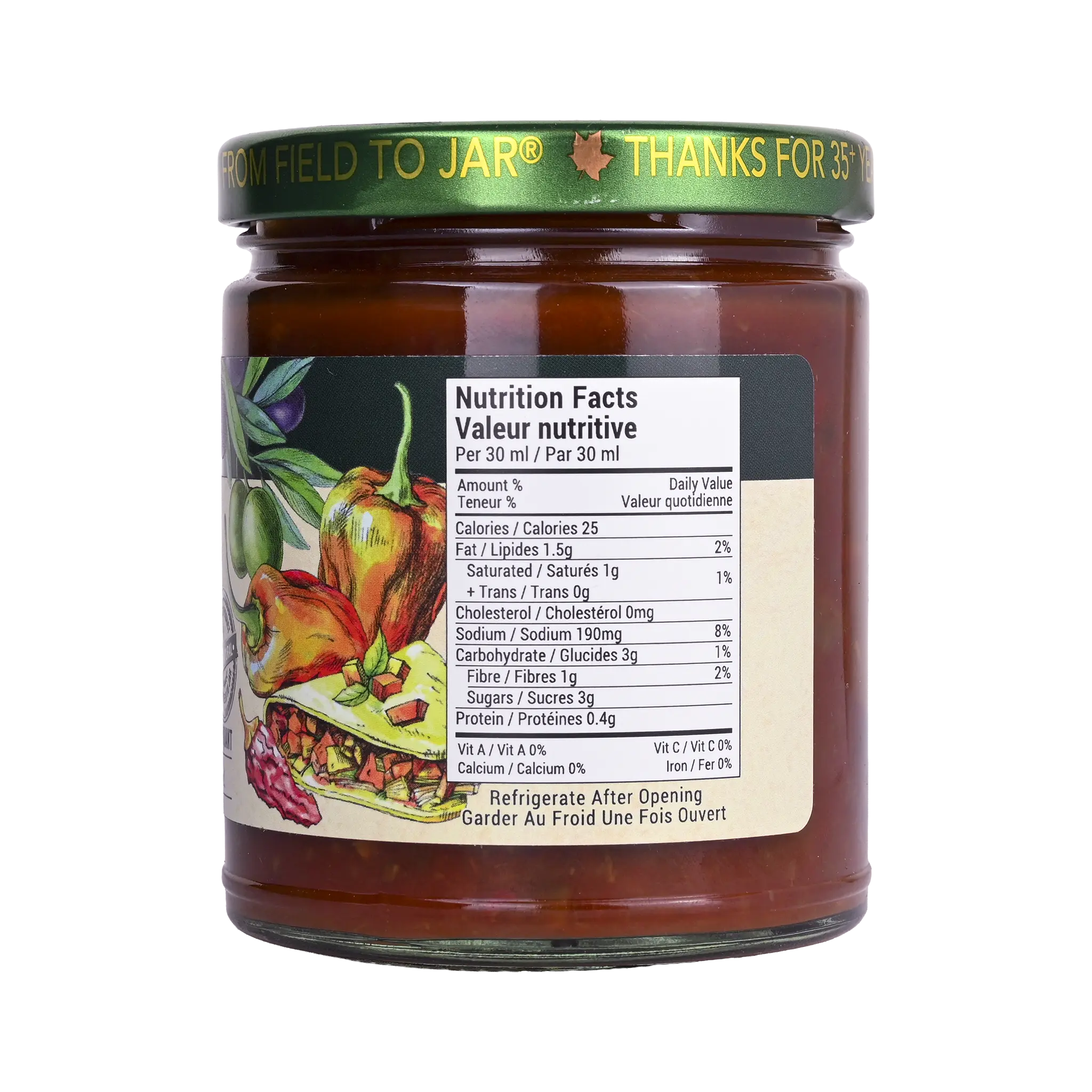 Nutrition facts label for Rootham Hot Habanero Olive Pepper Antipasto 250 ml