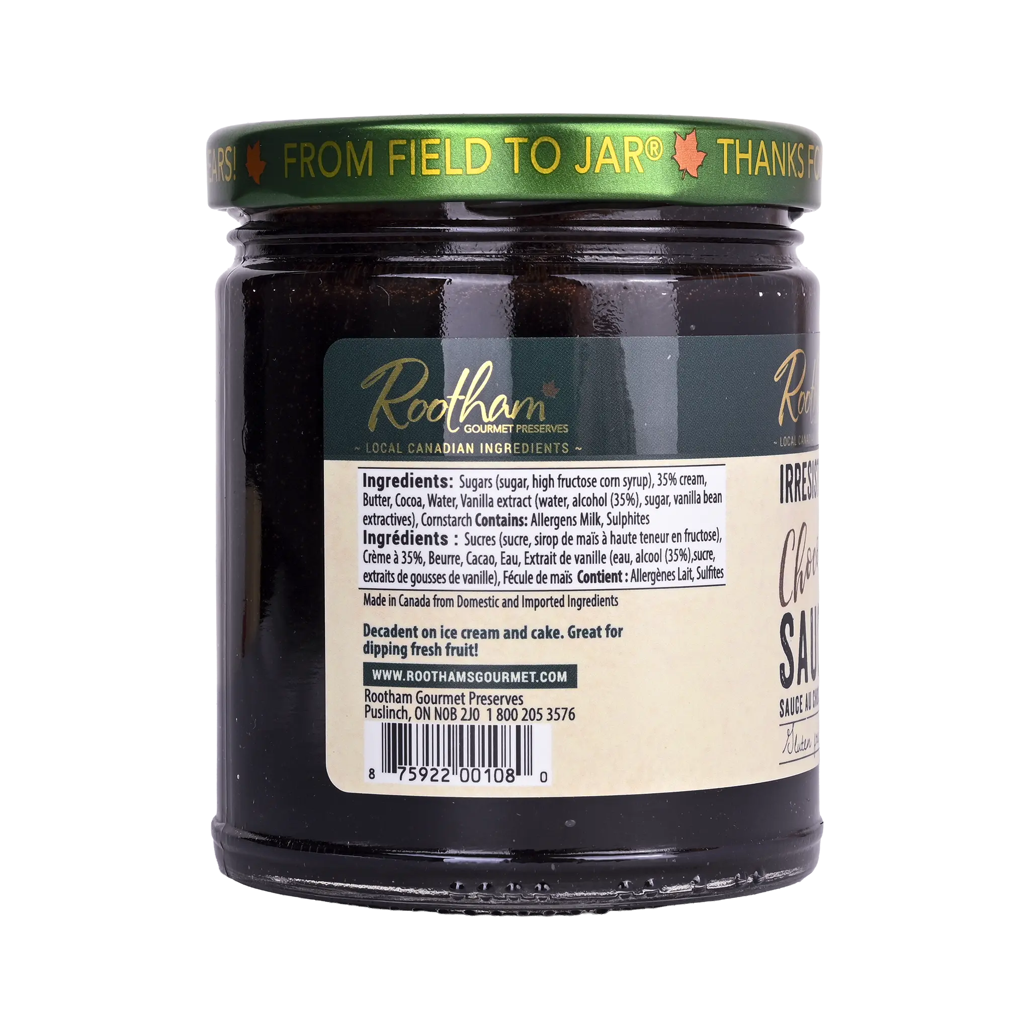 Ingredients label for Rootham Irresistible Chocolate Sauce 270 ml