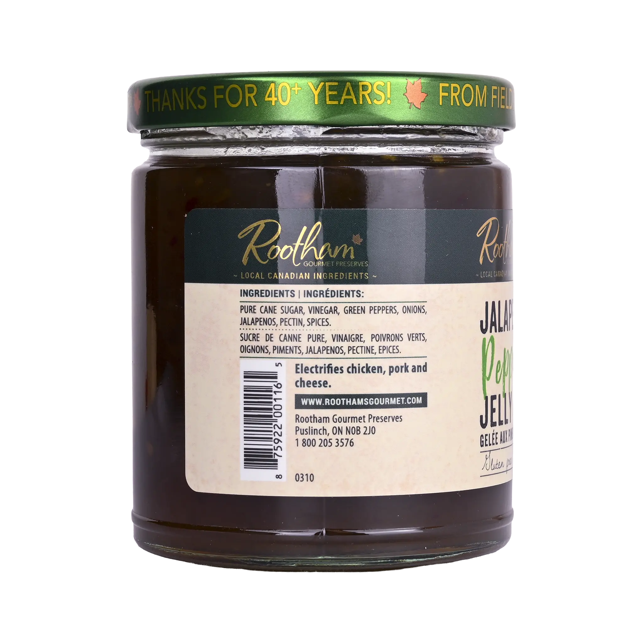 Ingredients label for Rootham Jalapeno Pepper Jelly 250 ml