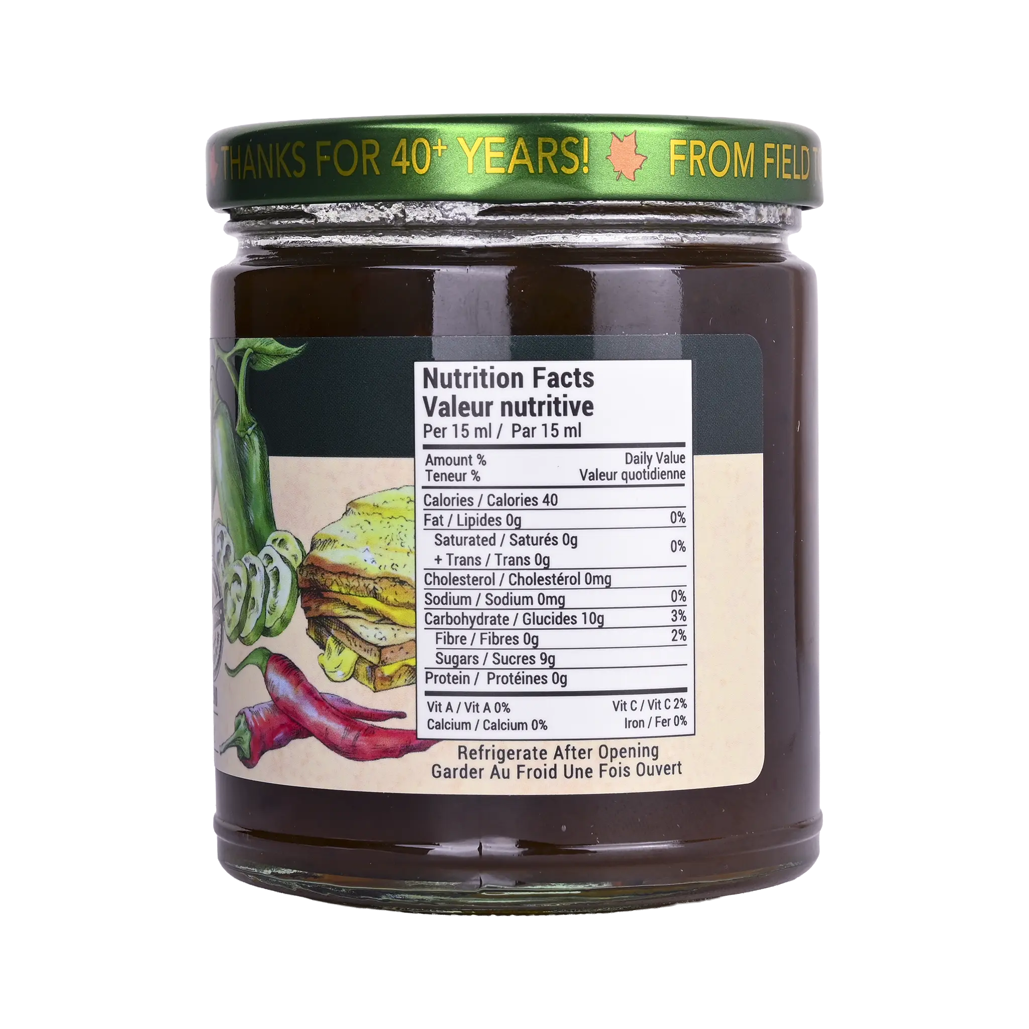 Nutrition facts label for Rootham Jalapeno Pepper Jelly 250 ml