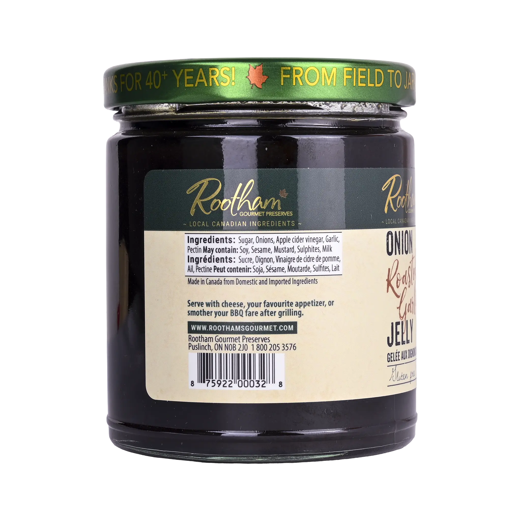 Ingredients label for Rootham Onion Roasted Garlic Jelly 270 ml