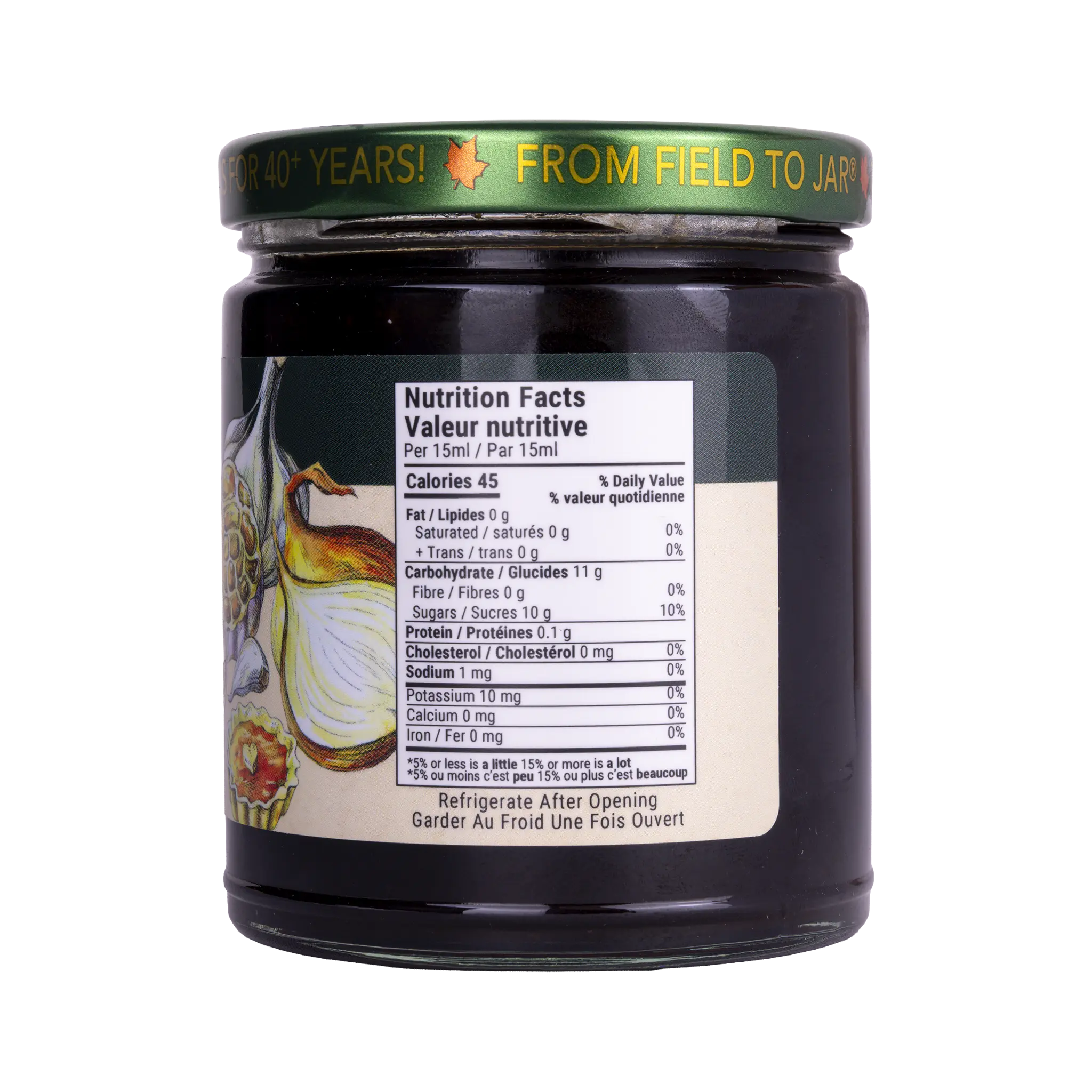 Nutrition facts label for Rootham Onion Roasted Garlic Jelly 270 ml