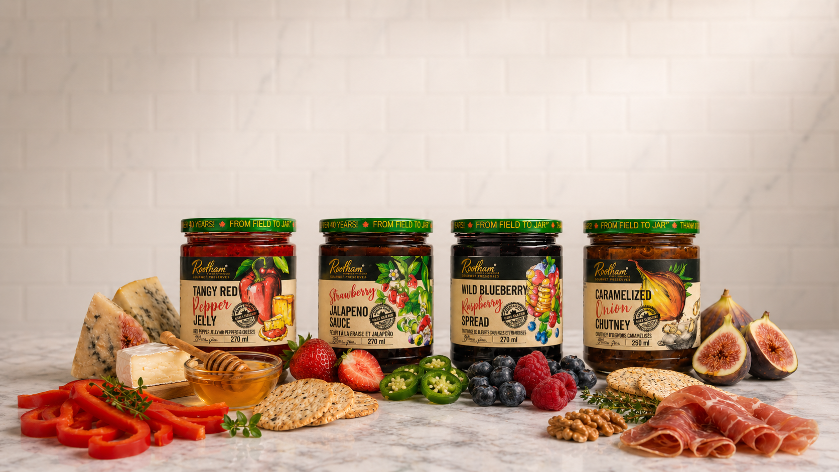 Ontario-made Rootham Gourmet Preserves products featuring jams, preserves, sauces, dressings, chutneys and specialty foods made with local Canadian ingredients and Co-Packing Services