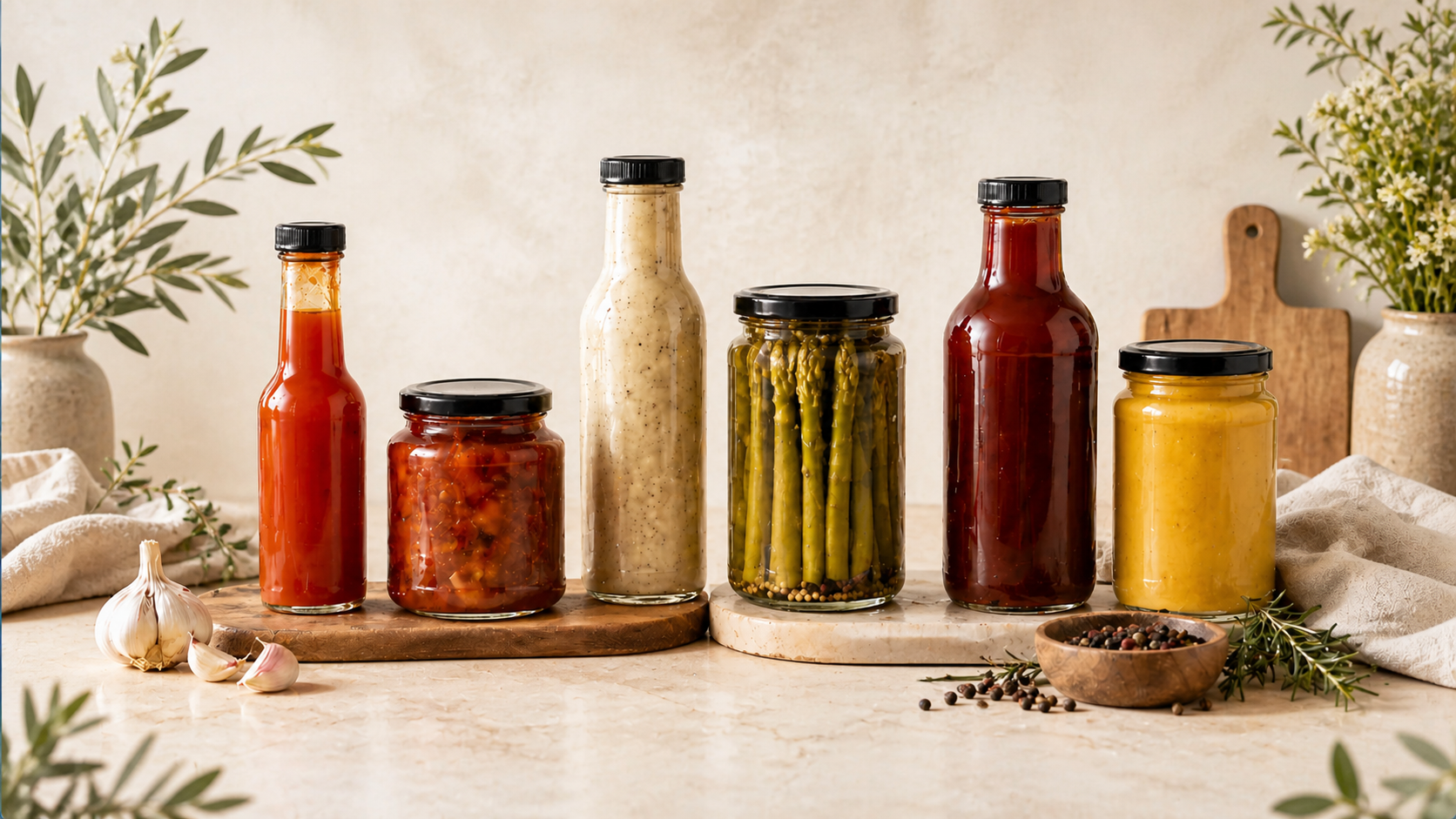 Ontario hot sauce and food co-packing by Rootham Gourmet Preserves, featuring bottles that show products we can produce, including hot sauces, marinades, dressings, dipping sauces and private label specialty foods.
