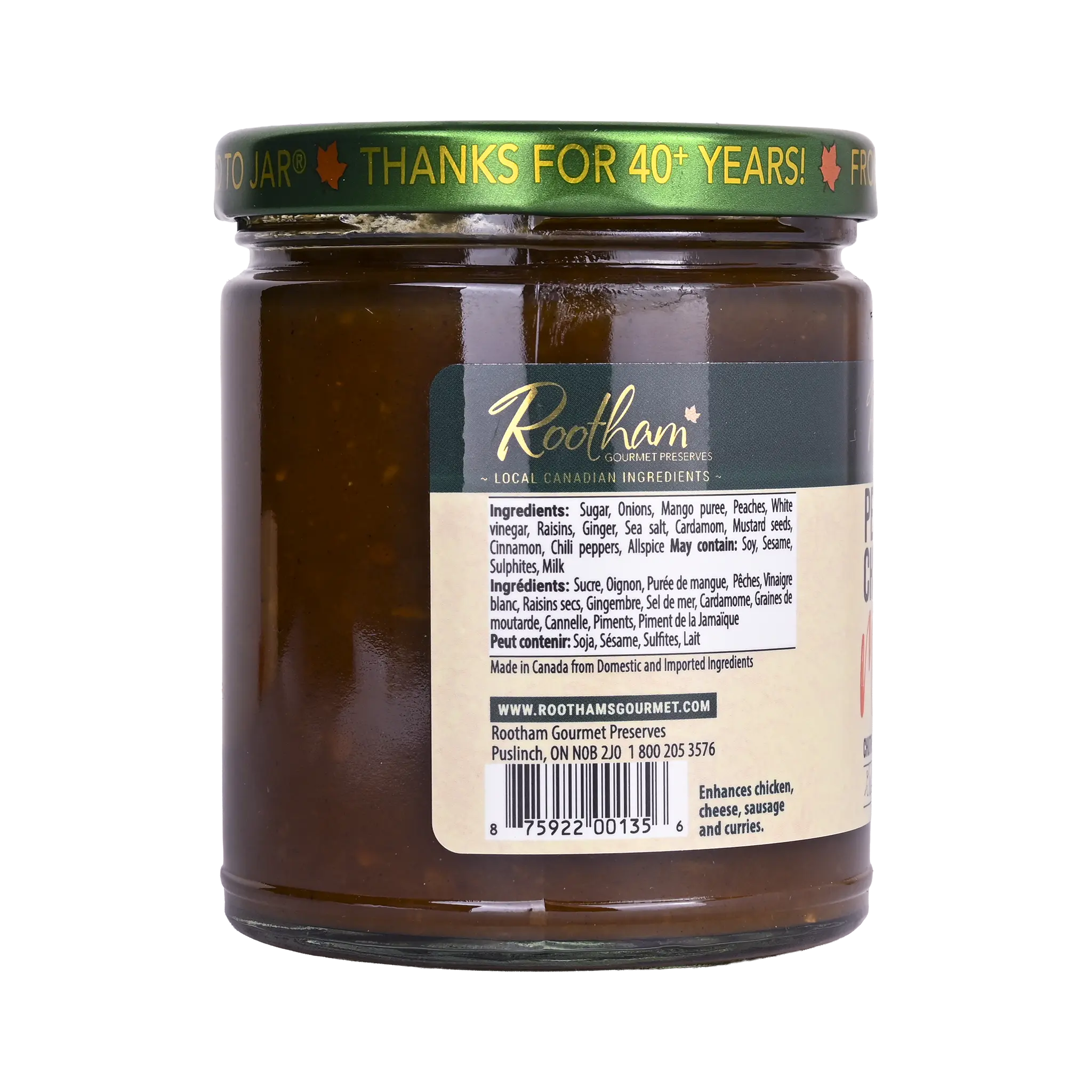 Ingredients label for Rootham Peach Chutney Mango 250 ml