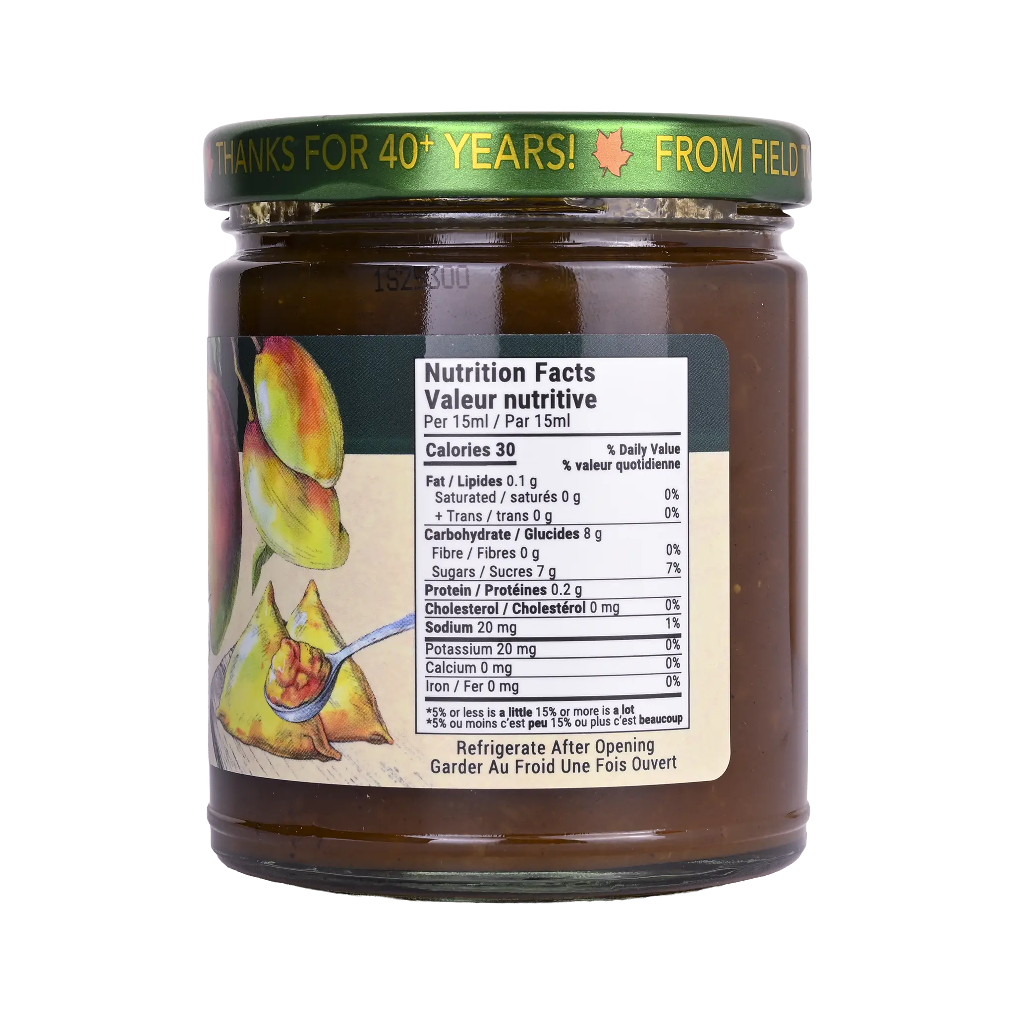 Nutrition facts label for Rootham Peach Chutney Mango 250 ml