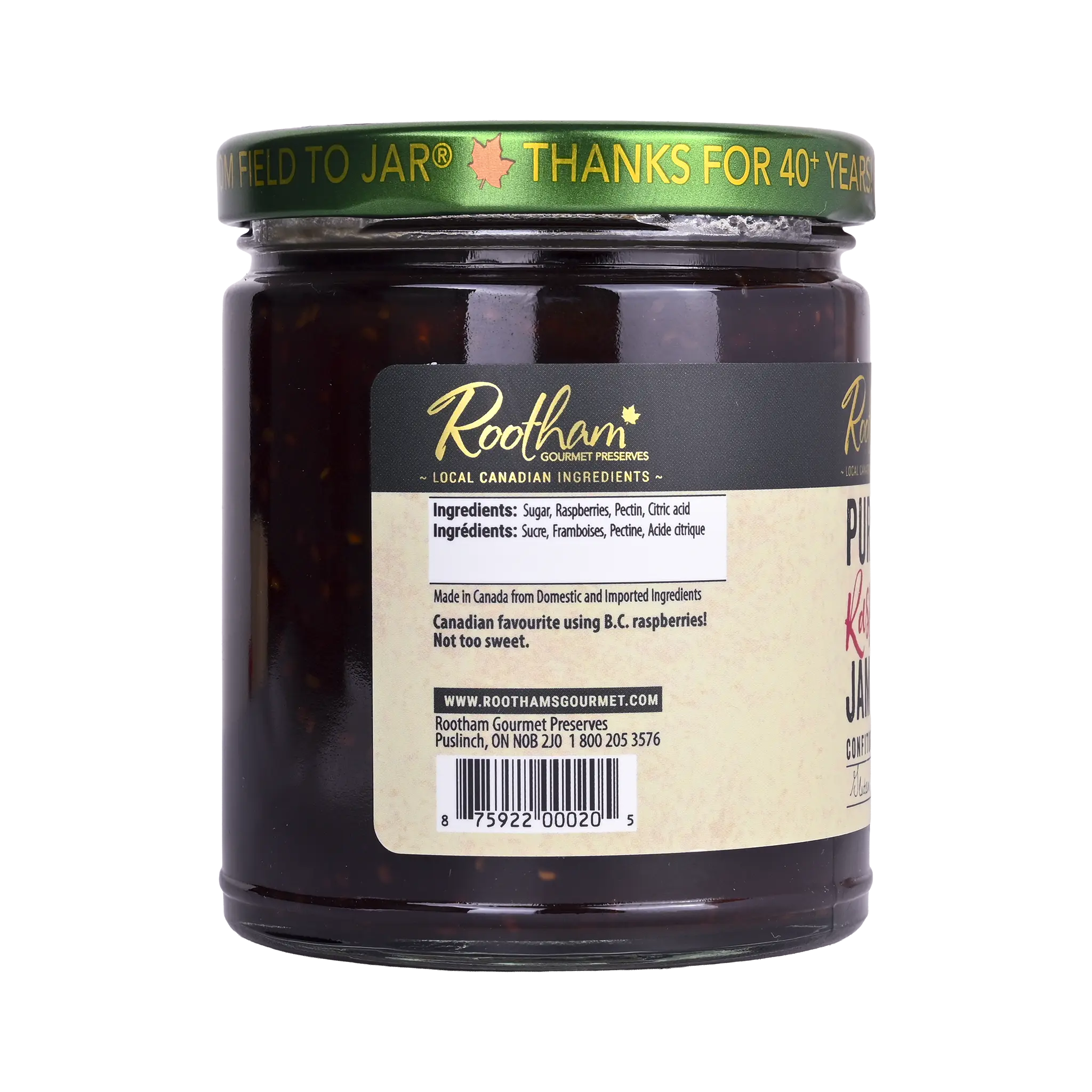 Ingredients label for Rootham Pure Raspberry Jam 270 ml