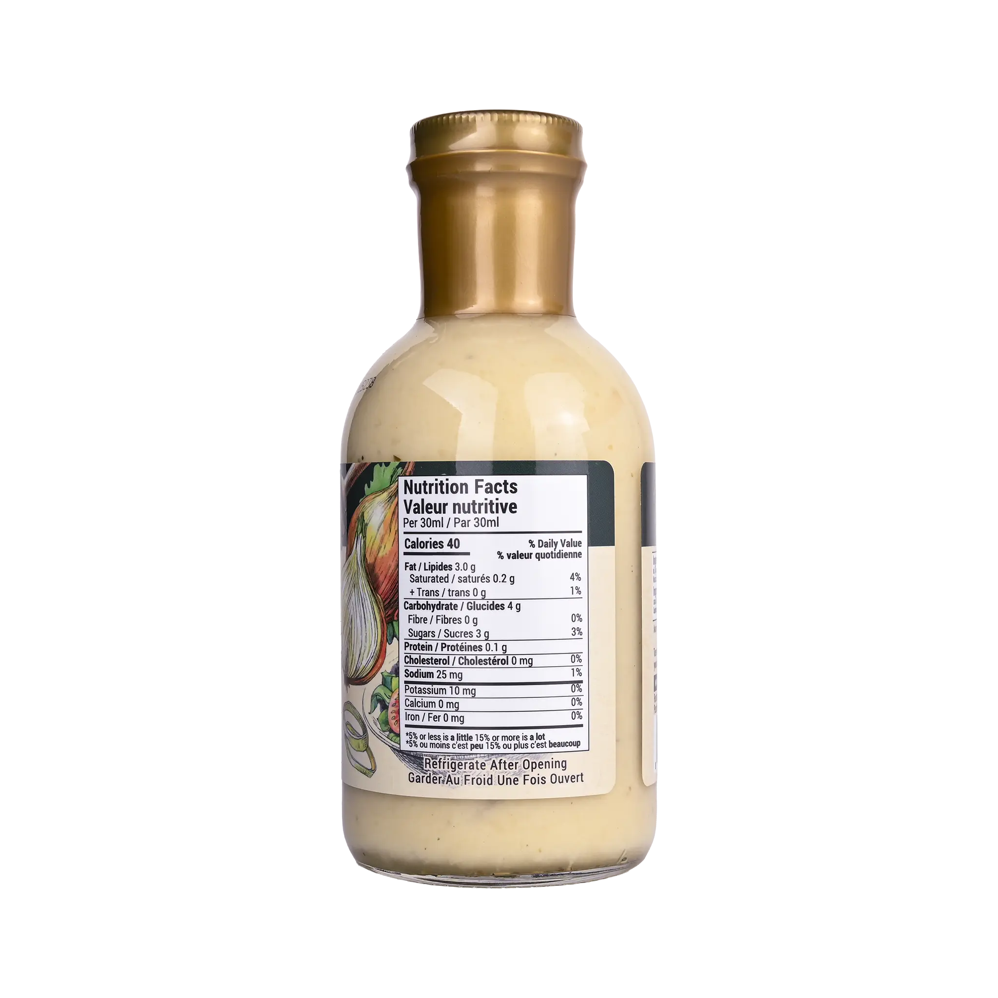 Nutrition facts label for Rootham Sweet Onion & Honey Vinaigrette 360 ml