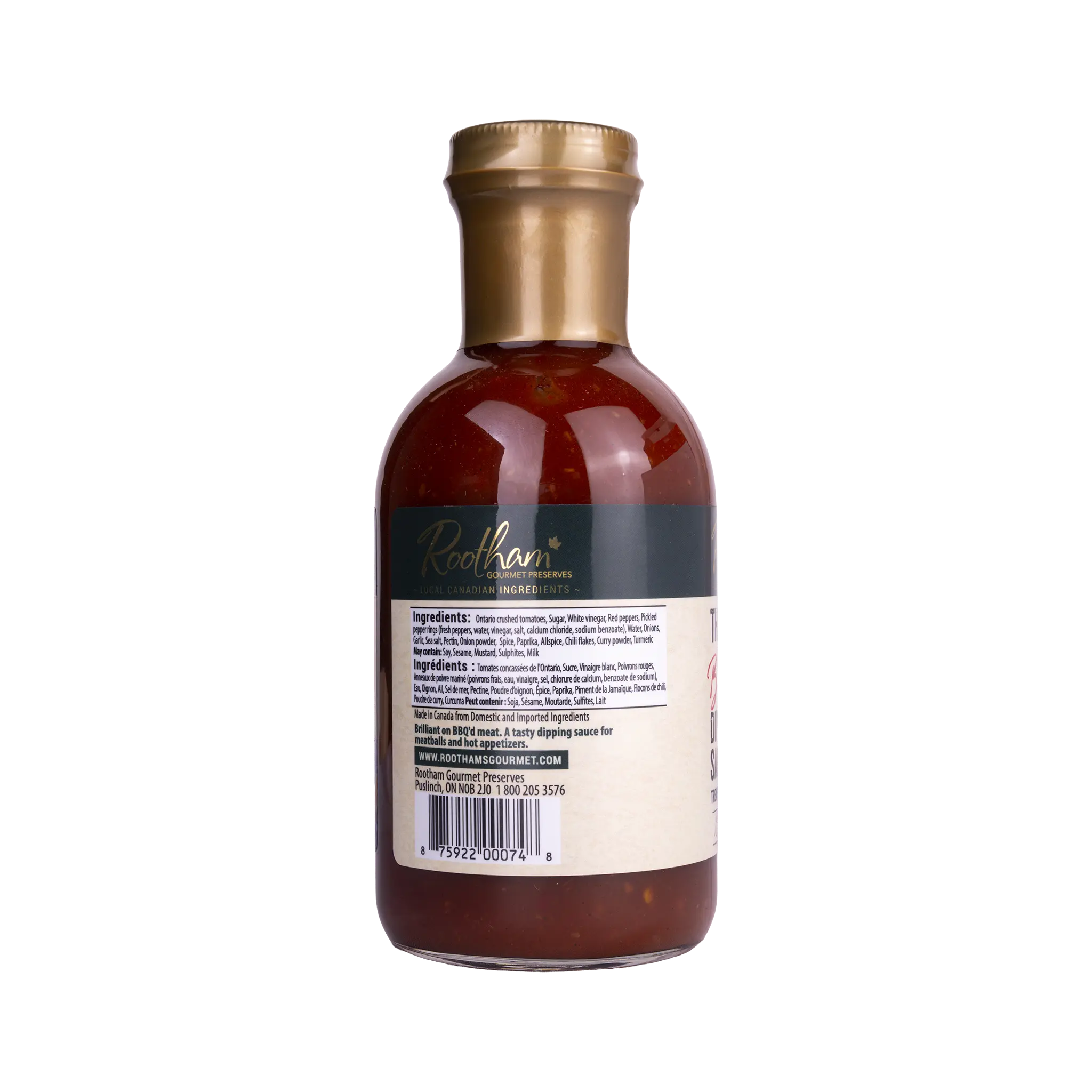 Ingredients label for Rootham Thick to Stick BBQ Dipping Sauce 360 ml