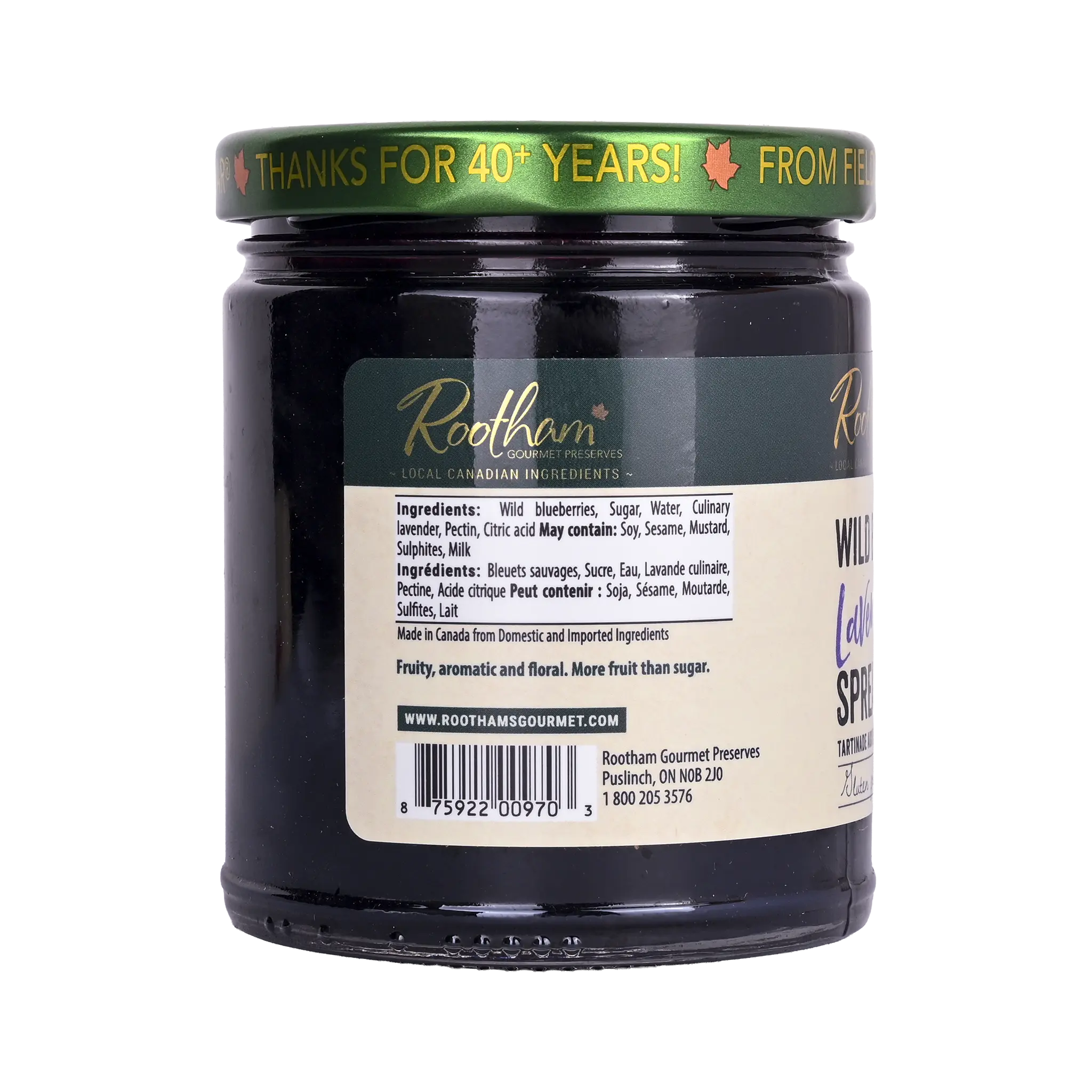 Ingredients label for Rootham Wild Blueberry Lavender Spread 270 ml