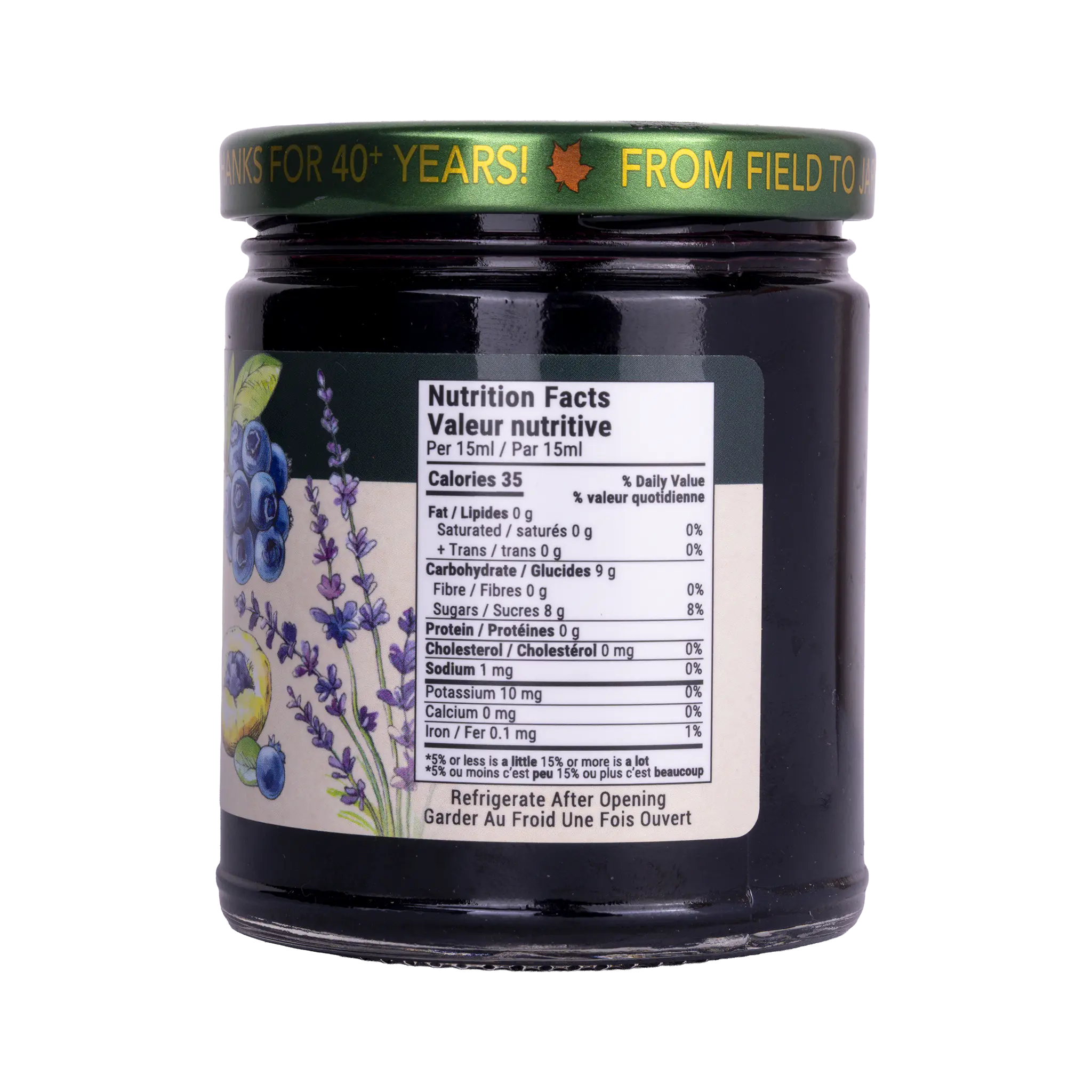 Nutrition facts label for Rootham Wild Blueberry Lavender Spread 270 ml