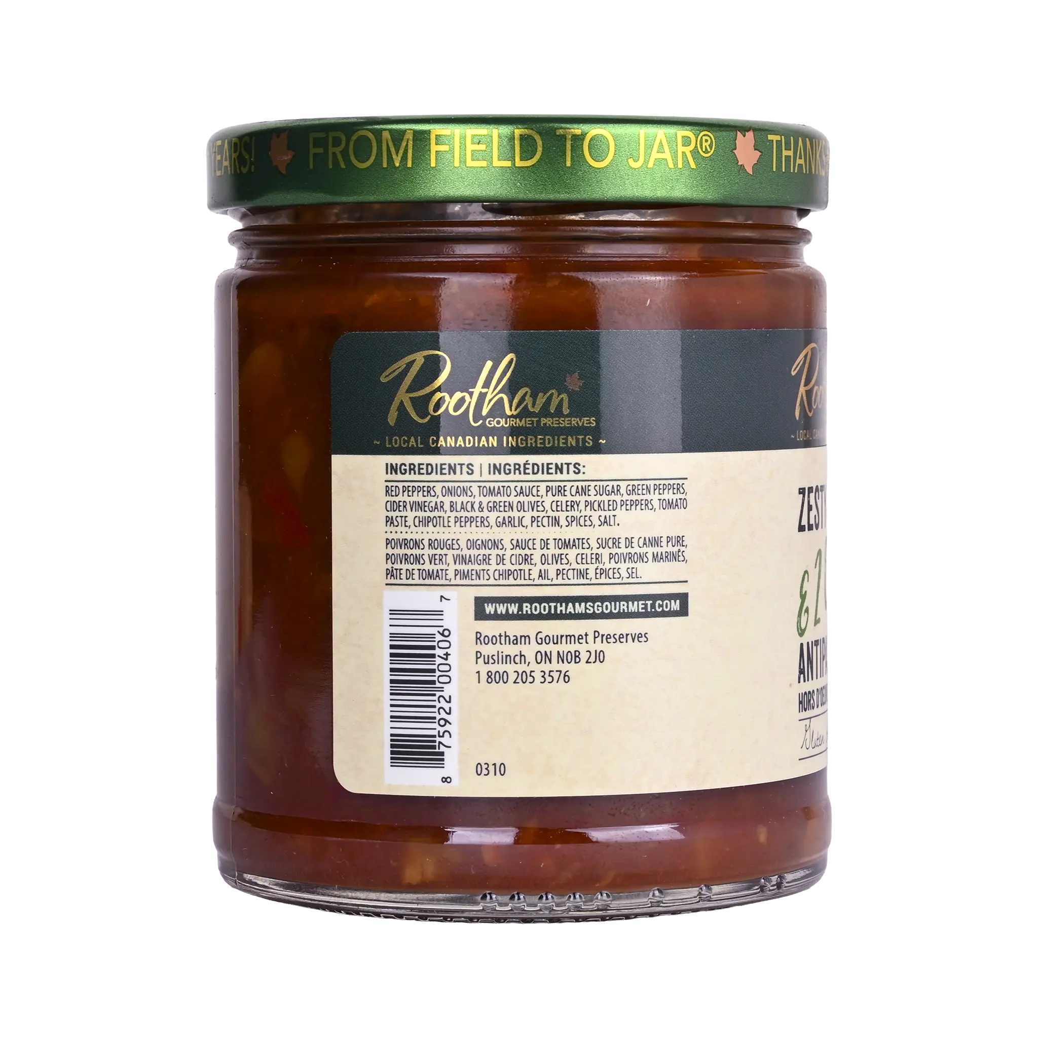 Ingredients label for Rootham Zesty 4 Pepper Olive Antipasto 250 ml