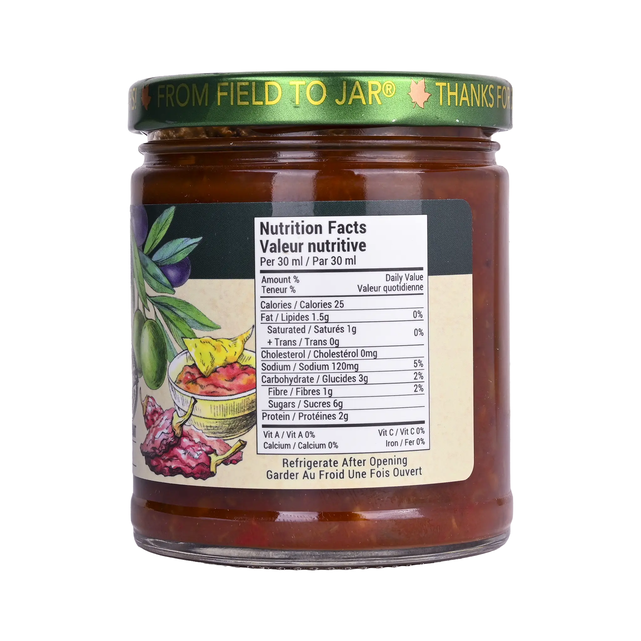 Nutrition facts label for Rootham Zesty 4 Pepper Olive Antipasto 250 ml